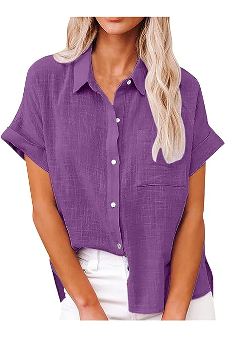Women's Crop Tops Casual Fashion Cotton Linen Short Sleeve Lapel Button Down Shirt Top Tops