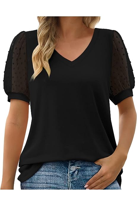 Ladies Summer Tops and Blouses 2023 Sheer Lace Puff Sleeve V Neck Dressy Tunic Top Shirt Loose Fit Fashion Resort Wear