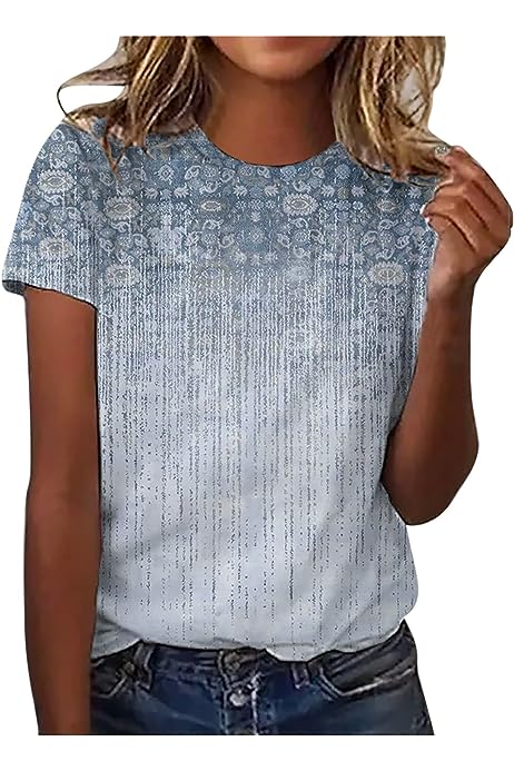 Womens Summer Tops 2023 Crewneck Elegant Tunic Shirts Loose Fit Vintage Floral Print Cute Petite T-Shirt Trendy 2023