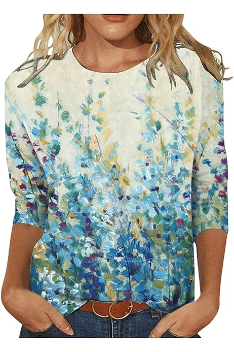 Womens Summer Tops 2023 3/4 Sleeve Floral Print Sparkle Shirts Crewneck Fashion Tunic T Shirt Loose Fit Dressy Blouses