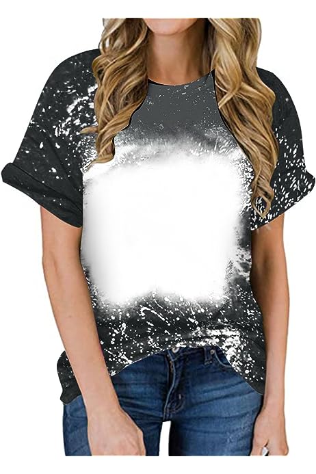 Womens Bleached Sublimation Blank Shirts Short Sleeve Top Tees Bleached Loose Fit Trendy Pullover Top Funny Summer Tee