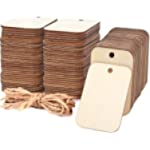 100 Pcs Unfinished Wood Pieces Rectangle-Shaped, Light Wooden Cutout Natural Rustic with Hole, and 2M Hemp Rope, for Craft Projects, Hanging Decorations, Painting, Staining (2” x 1.3”)