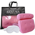 Nexura Bath Pillow Luxury Comfort - Upgraded with 6 Strong Adhesive Non-Slip Suction Cups, Thick &amp; Soft, Air Mesh Technology Bathtub Pillow for Headrest, Back &amp; Neck Support with Sleep Eye Pad (Pink)