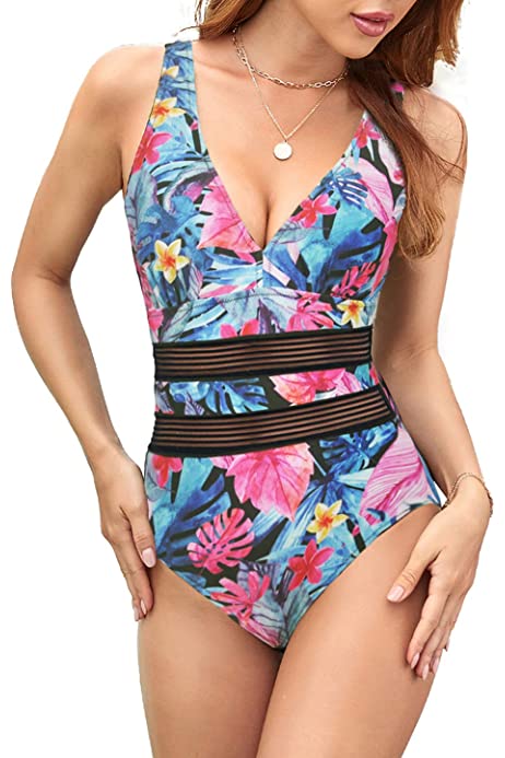 Women's Tummy Control One Piece Swimsuits V Neck Mesh Monokini Swimwear Slimming Bathing Suit Plus Size