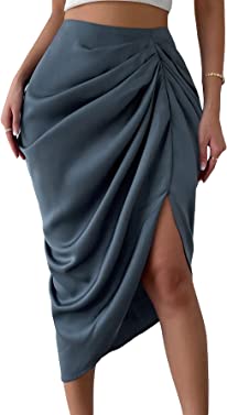 SheIn Women's Plus Asymmetrical Side Split High Waist Midi Ruched Satin Skirt