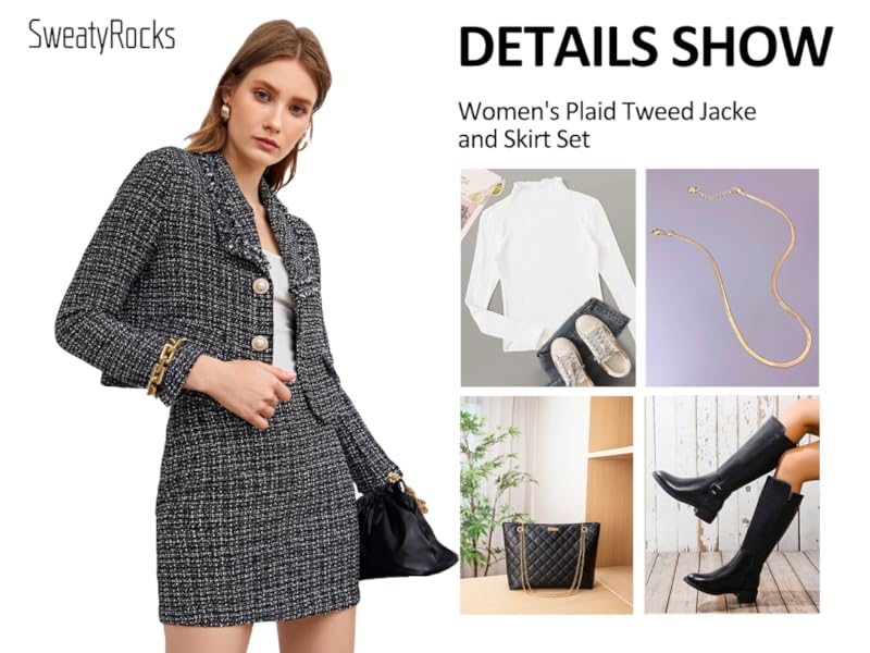 SweatyRocks Women''s Business Suit 2 Pieces Tweed Blazer Jacket Coat and Skirt Set