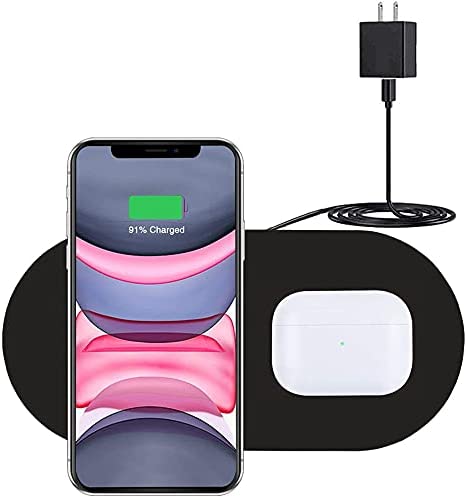 Dual Wireless Charger, COSOOS Qi Certified Fast Wireless Charging Pad Compatible with iPhone 12/12 Pro/11 Pro Max/Xs/Xr/AirPods Pro, Galaxy S20/S10/Note 10/Galaxy Buds +(Adapter Included)