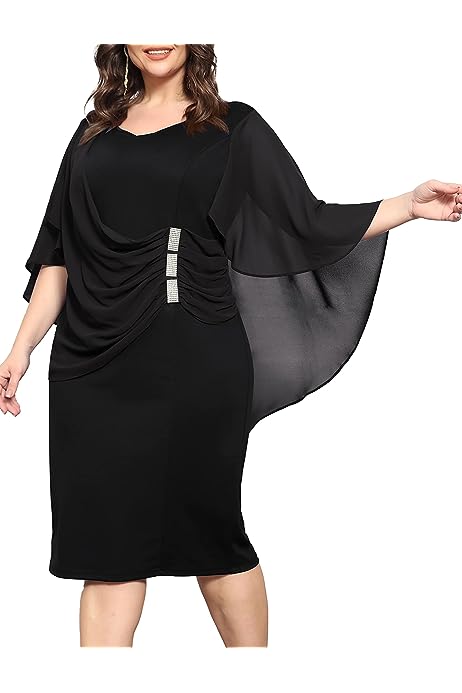 Women's Plus Size Cape Chiffon Dress Evening Pencil Dress for Wedding Cocktail Party with Rhinestone