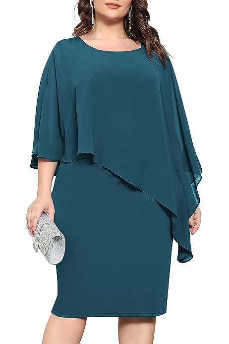 Plus Size Cape Dress for Women Pencil Dress with Chiffon Overlay Wedding Cocktail Party Midi Dress
