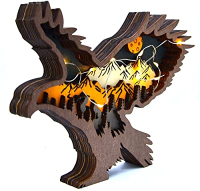 Annoomm Animal Eagle Wooden Home Ornament Multilayer Woodland Silhouette Decor for Shelf Table Wood(Eagle Large+Light)