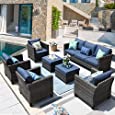 ovios Patio Furniture Set High Back Sofa Outdoor Conversation Sets All Weather Wicker Patio Couch and Chairs Garden Backyard (Denim Blue)