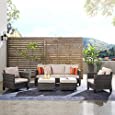 ovios Patio Furniture, Outdoor Furniture Sets, Modern Wicker Patio Furniture Sectional and 2 Pillows, All Weather Garden Patio Sofa, Backyard, Steel (Beige-Grey)