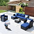 ovios Patio Furniture Set 9 PCS Outdoor Furniture PE Rattan Wicker Sectional Set with 2 Pillows and Coffee Table Backyard Garden Sofa Set, No Assembly Required (Brown-Navy Blue)