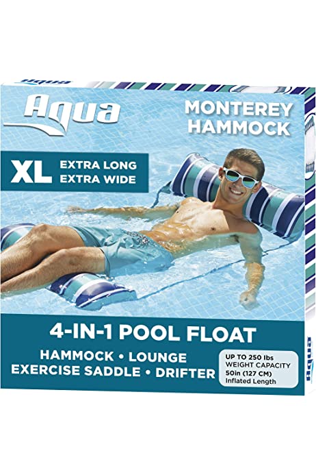 Aqua Original 4-in-1 Monterey Hammock XL Pool Float & Water Hammock – Multi-Purpose, Inflatable Pool Floats for Adults – Patented Thick, Non-Stick PVC Material – Teal/Navy Stripe