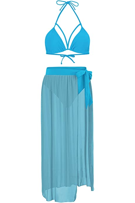 Women's Halter Neck Cut Out 3 Pieces Swimwear with Mesh Maxi Skirt