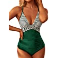 Women&#39;s Green Sexy One Piece Swimsuits V Neck Tummy Control Bathing Suits Slimming Front Cross Ruched Stripe-M