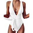 KBREAUR Womens Sexy Halter One Piece V Neck Straps Bandage Swimsuit Bathing Suit Swimwear Monokini S White