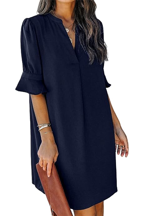 Womens V Neck Ruffle Short Sleeve Simple Solid Color Casual Summer Dress