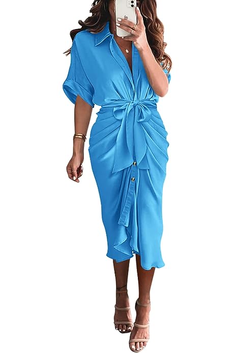 Women 2023 Button Down Ruched Shirt Dresses Short Sleeve Lapel V Neck Elegant Party Spring Summer Maxi Satin Dress