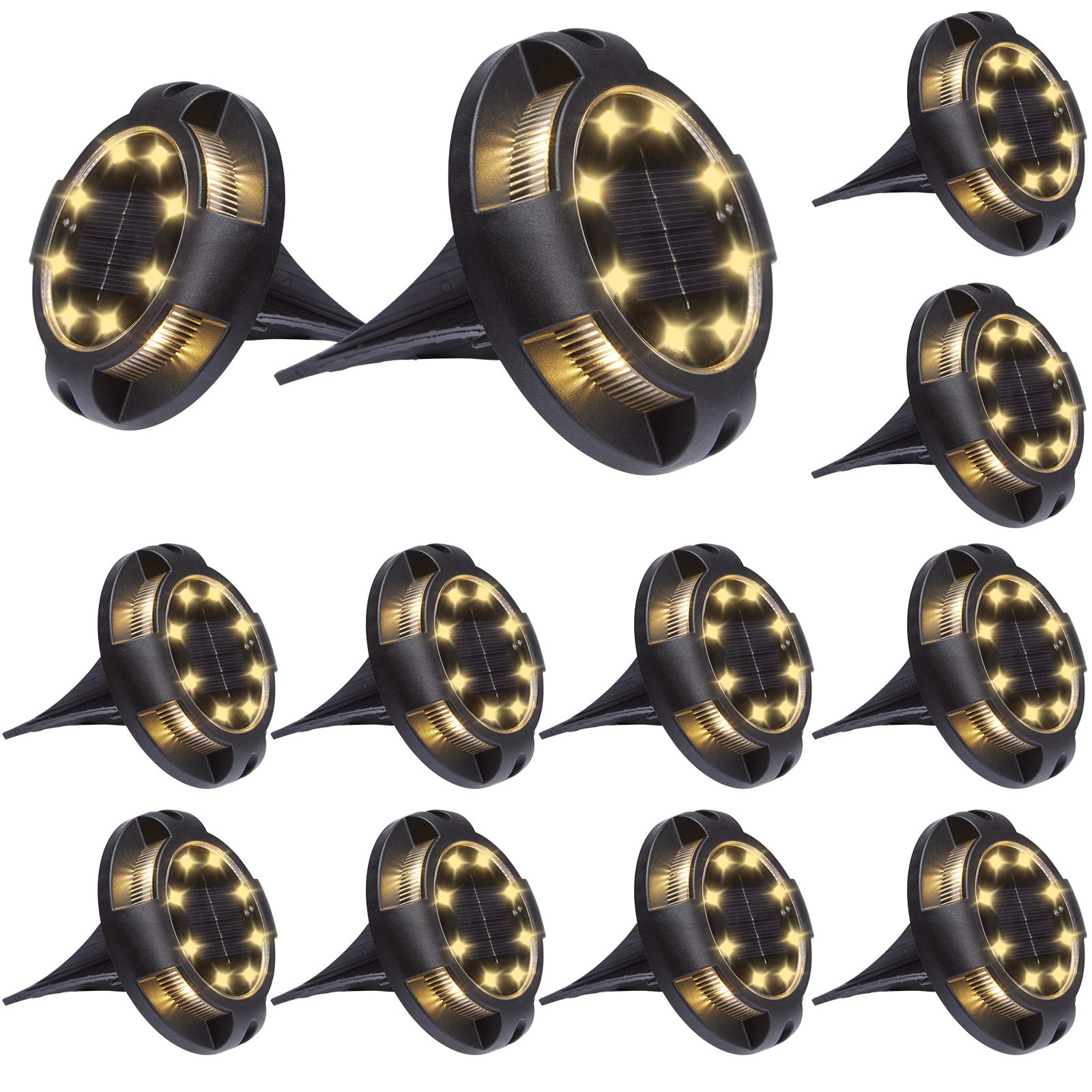 Solar Ground Lights Outdoor 12 Packs 12 Disk Lights Solar Powered Waterproof New In-ground Lights for Garden Deck Stair Step Lawn Patio Driveway Walkway Pathway Yard Decoration (Warm Light, 12 Pack)