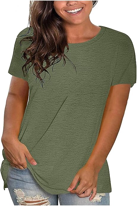 Womens Casual Summer T-Shirts Tee Plus Size Short Sleeve Tees Shirt Solid Color Fashion Soft Loose Tunic Shirts Tops