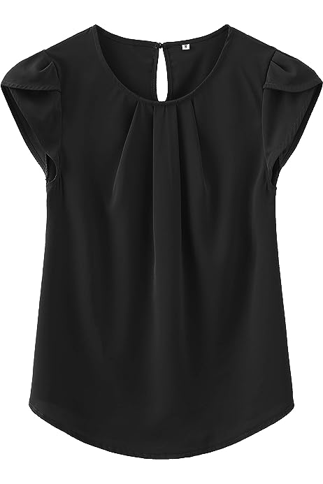 Women's Casual Round Neck Basic Pleated Top Cap Sleeve Curved Keyhole Back Chiffon Blouse