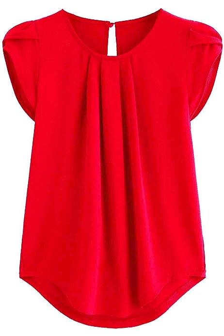 Women's Casual Round Neck Basic Pleated Top Cap Sleeve Curved Keyhole Back Blouse