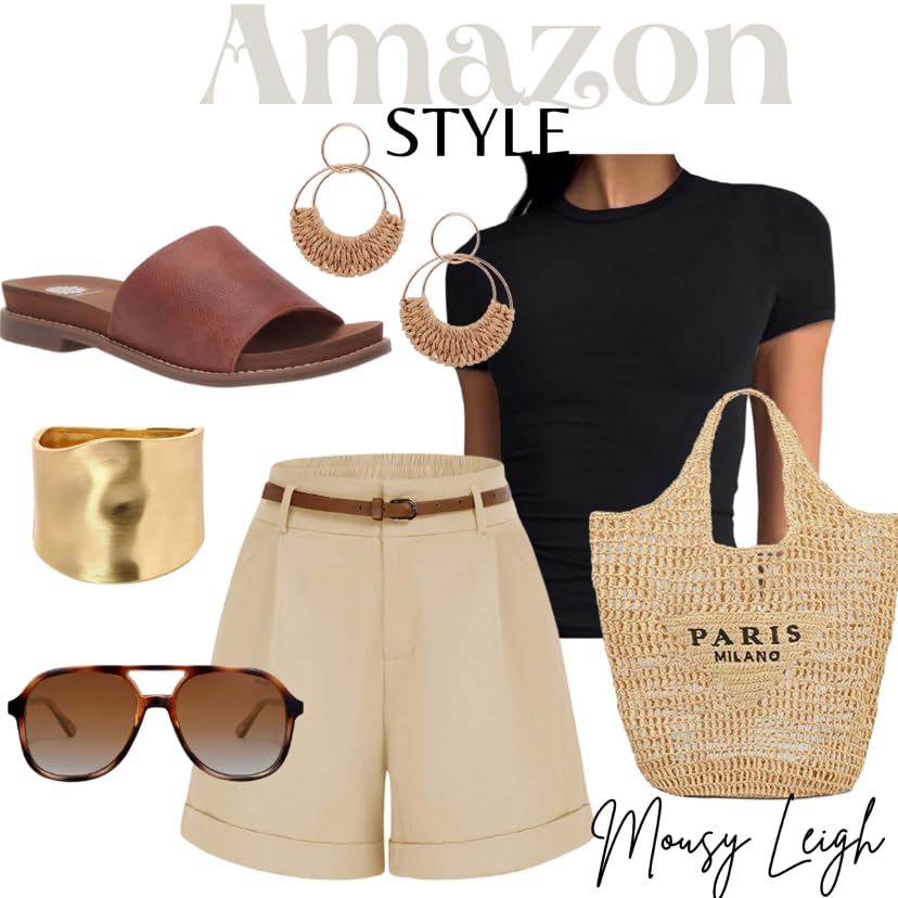 Casual and classy.
Khaki long Bermuda midi shorts, dress shorts, black t shirt, brown leather slide sandals, rattan ear rings, gold bangle bracelet, aviator sunglasses, vacation outfit, designer inspired purse bag, straw tote, brown, tan, outfit use, summer