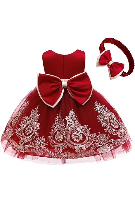 0-6T Baby Girls Pageant Lace Embroidery Dresses Toddler Party Bowknot Tutu Gown Dress with Headwear