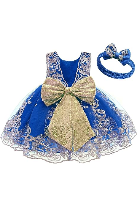 0-6T Big Bowknot Sequins Embroidered Lace Party Tutu Gown Toddler Baby Girls Dress with Headwear