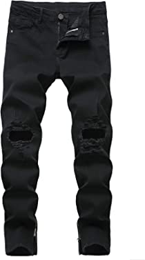 Men's Ripped Zipper Jeans Knee Rips Zip Distressed Stretch Denim Pants Vintage Skinny Fit Destroyed Jean Trousers (Black,38)