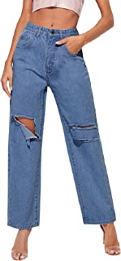 SheIn Women's Ripped Boyfriends Baggy Jeans High Waist Distressed Denim Long Pants with Pockets