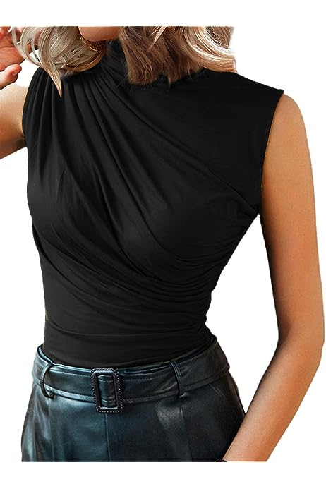 Women's Sleeveless Mock Neck Top Casual Fitted Ruched Tank Tops