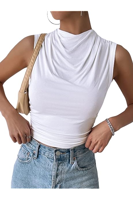 Women's Sleeveless Ruched Crop Top Casual Mock Neck Tank Tops Shirt