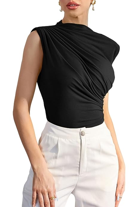 Women Elegant Ruched Padded Shoulder Work Mock Neck Tank Tops Sleeveless Blouses