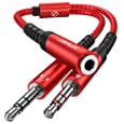 Headset Splitter Cable for PC, JSAUX 3.5mm Headphone Splitter Mic and Audio Y Splitter Jack, Female to 2 Male Adapter for Game-Red