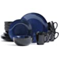Bestone 16 Piece Dinnerware Set, Stoneware, Plates and Bowls, Dishes, Service for 4, Blue and Black