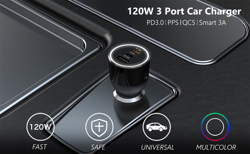 120W 3-Port Car Charger PD3.0 | PPS | QC5 | Smart 3A