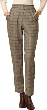 Allegra K Women's Vintage Tartan Plaid Pants Elastic Waist Straight Long Trousers