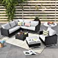 XIZZI Patio Furniture Set Outdoor Sectional Sofa 8 Pieces No Assembly Required Conversation Sets All Weather PE Rattan Wicker Couch with Coffee Table and Ottoman,Black Wicker Grey