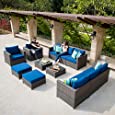 XIZZI Patio Sets,Big Size Outdoor Patio Furniture 12 Pcs, All Weather PE Rattan Furniture with 4 Pillows and and Furniture Covers,No Assembly Required (12 Pcs Big Size, Navy Blue)