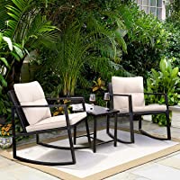 Greesum 3 Pieces Rocking Wicker Bistro Set, Patio Outdoor Furniture Conversation Sets with Porch Chairs and Glass Coffee Tabl