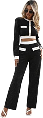 SweatyRocks Women's 2 Piece Outfits Long Sleeve Button Front Crop Top with High Waist Wide Leg Pants Set