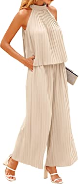 dowerme Women's 2 Piece Outfits 2023 Halter Neck Sleeveless Flowy Tie Back Top Long Wide Leg Pant Set Loose Pleated Suit