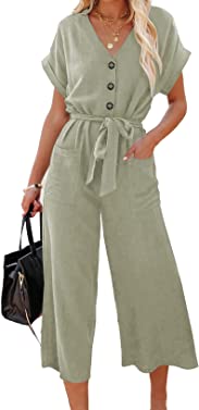 Acelitt Women's Ladies Casual Fashion 2023 V Neck Short Sleeve Button Down Belted Wide Leg Jumpsuits Rompers Green2 Medium