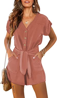 Byinns Women's Summer V Neck Casual Button Belted Rompers Short Sleeve Wrap Beach Short Jumpsuits with Pockets
