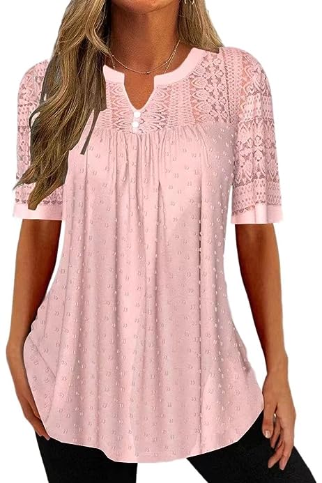 Women's Boho Floral Lace Patchwork Tunic Tops Dressy Casual Blouses Shirts