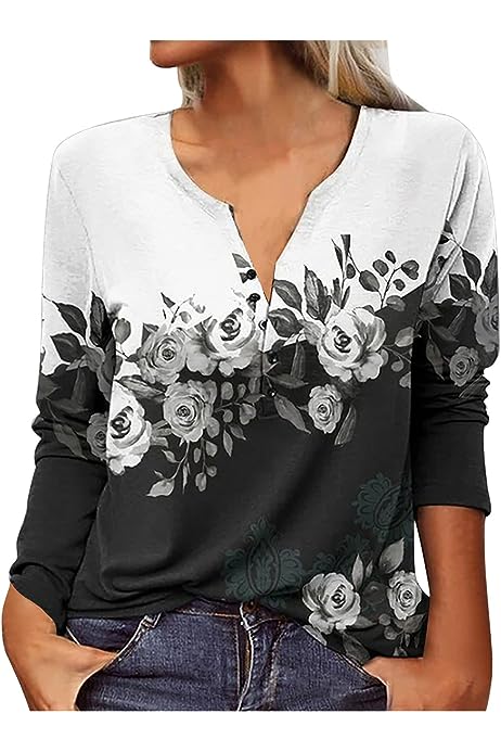 Womens Ethnic Style Long Sleeve Tops 2023 Trendy Spring Shirts v Neck Loose Comfy Pullover Tops Blouse Dressy Casual