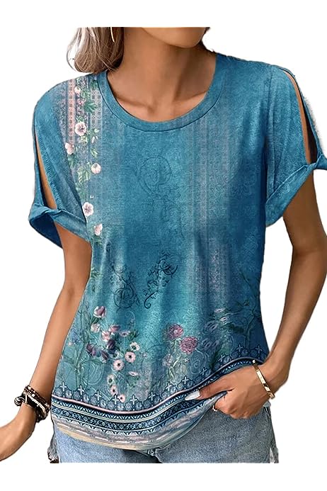 Womens Boho Floral Dressy Casual Loose Blouse Shirt Short Sleeve Crewneck Vintage Ethnic Print Summer Tunic Tops