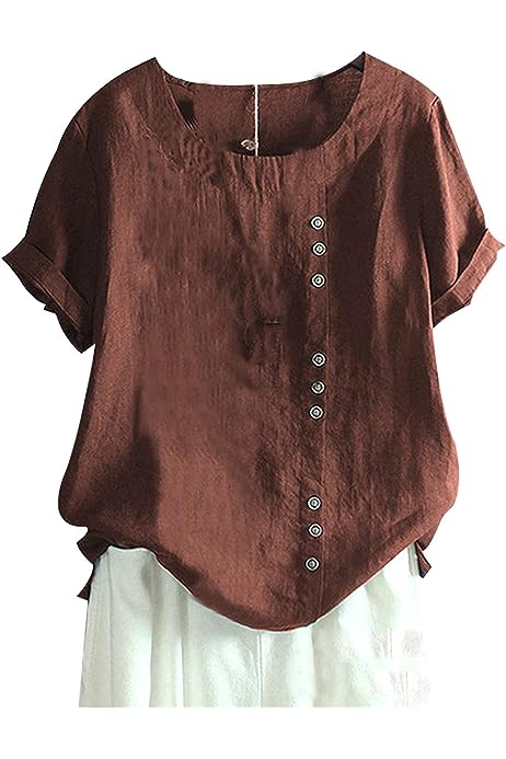 Oversized Crew Neck Linen Tops for Women Short Sleeve Cotton Blend Tee Shirts